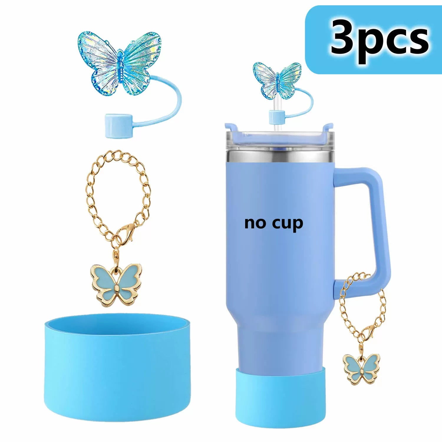Wholesale Cup butterfly decorative straw cap silicone cup cover resin butterfly cup chain silicone cover 3-piece set